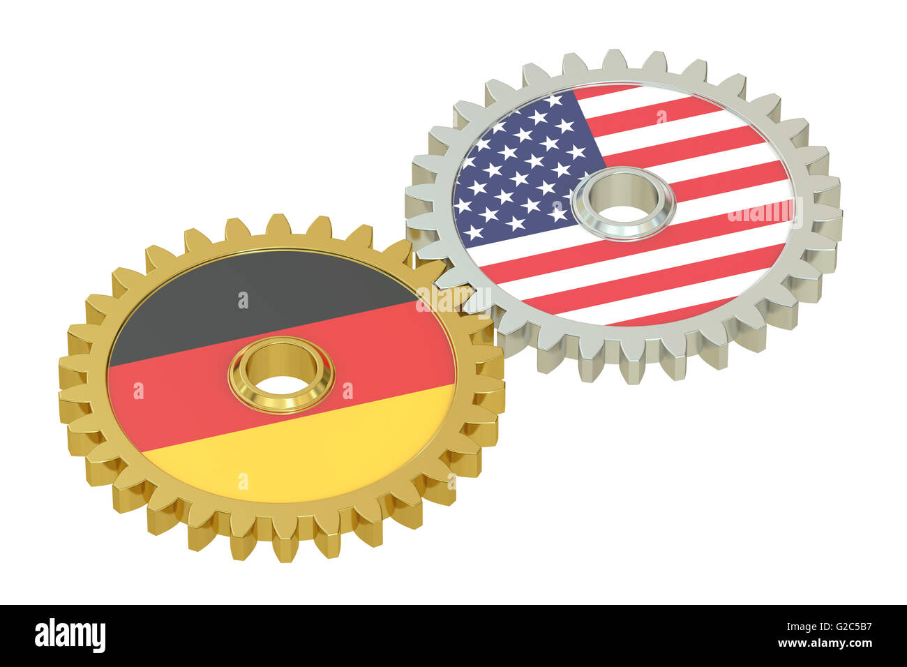 Germany and United States relations concept, flags on a gears. 3D rendering isolated on white Stock Photo