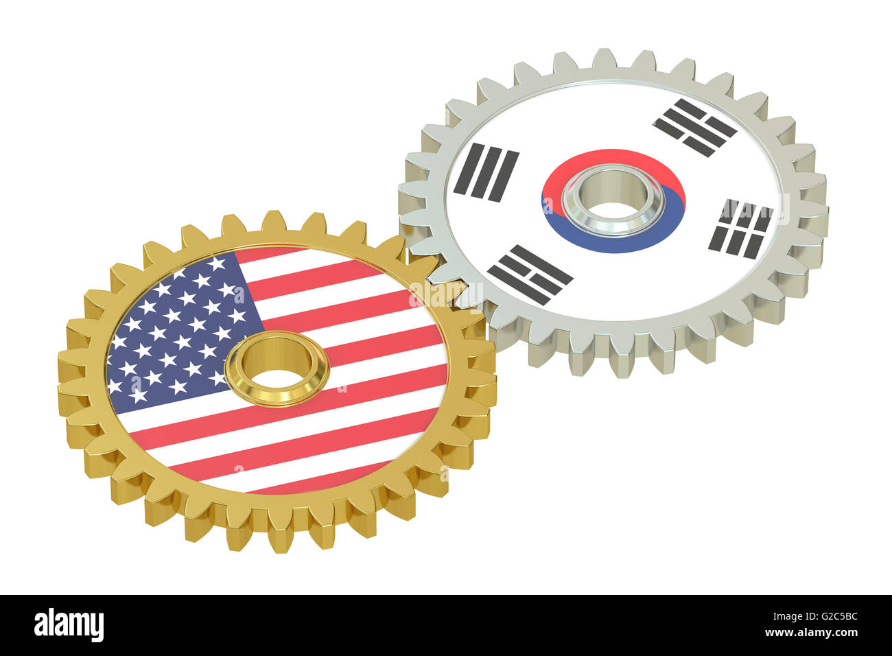 South Korea and United States relations concept, flags on a gears. 3D rendering isolated on white background Stock Photo