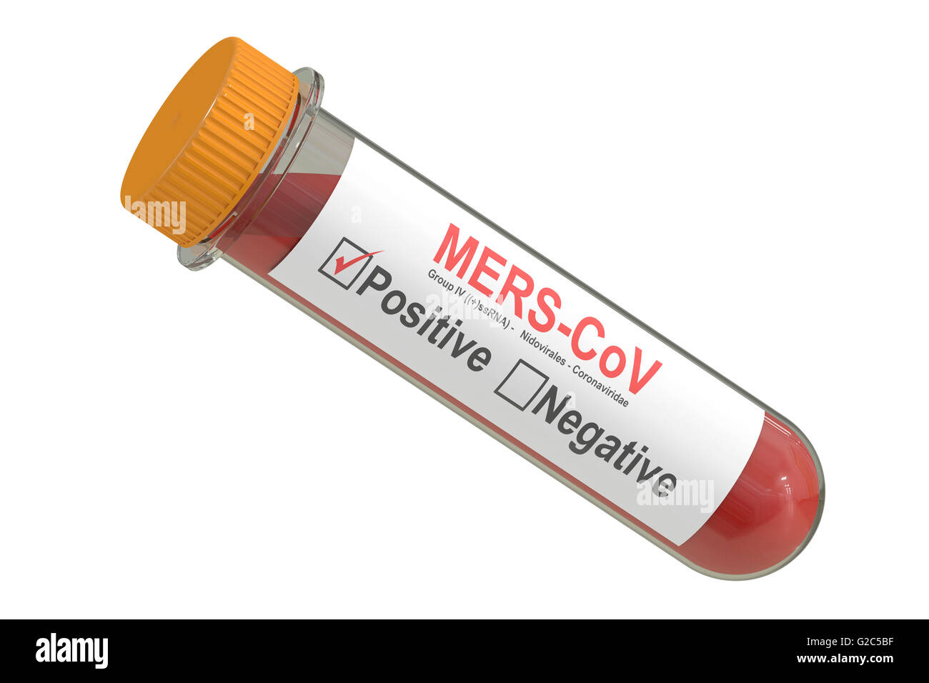Test tube with blood sample positive with Mers cov virus, 3D rendering Stock Photo