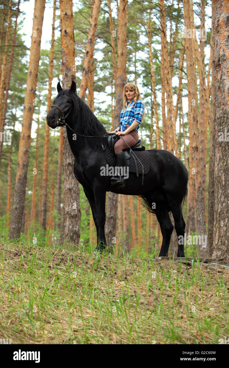 Beauty blond girl riding horse in woods Stock Photo