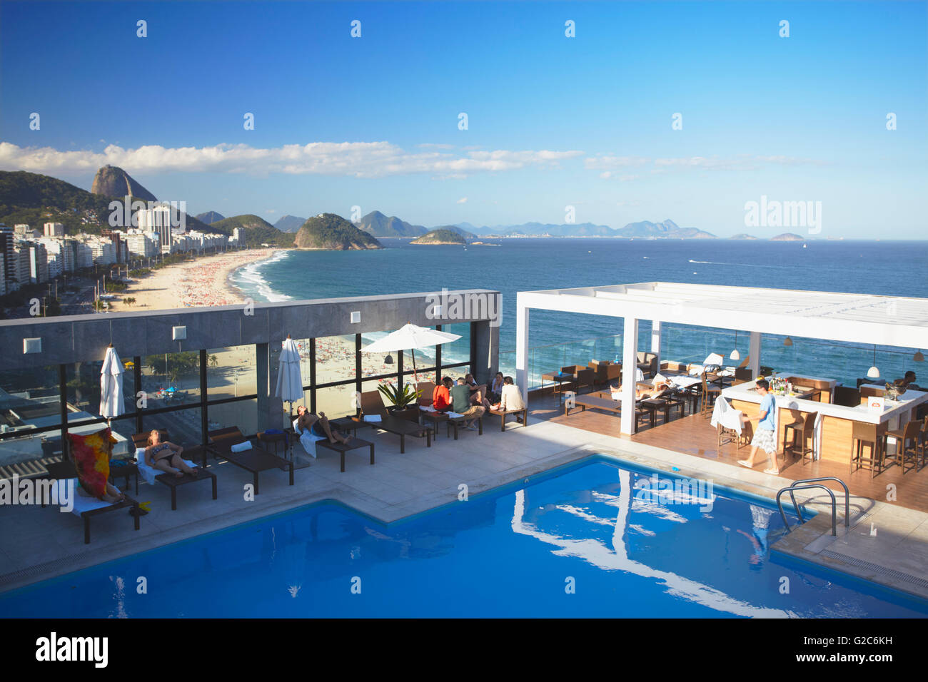 View of Copacabana beach from rooftop pool at Pestana Rio Atlantica Hotel, Rio de Janeiro, Brazil Stock Photo