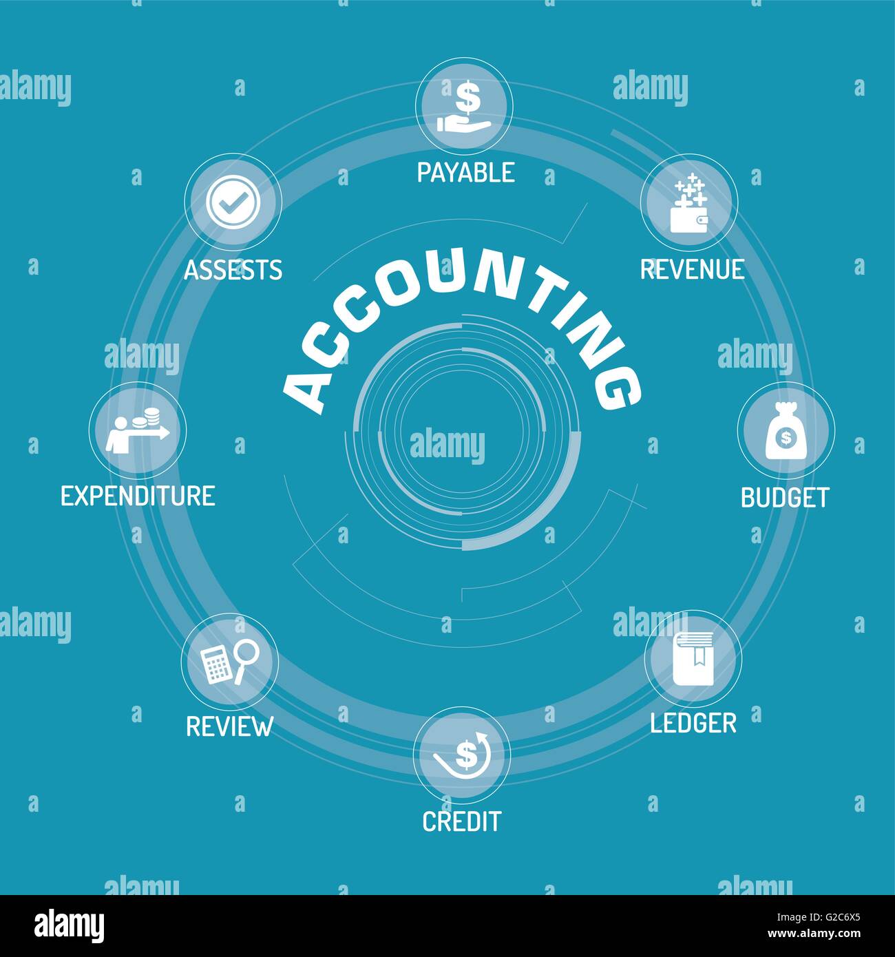 ACCOUNTING ICON SET ON BLUE BACKGROUND Stock Vector