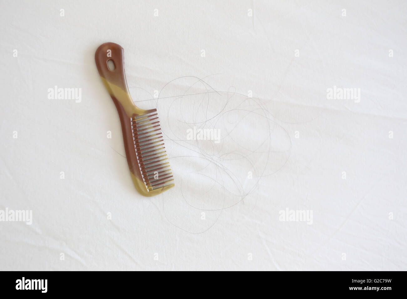 Comb and black hair of women placed on white cloth in the concept problem of hair loss. Stock Photo