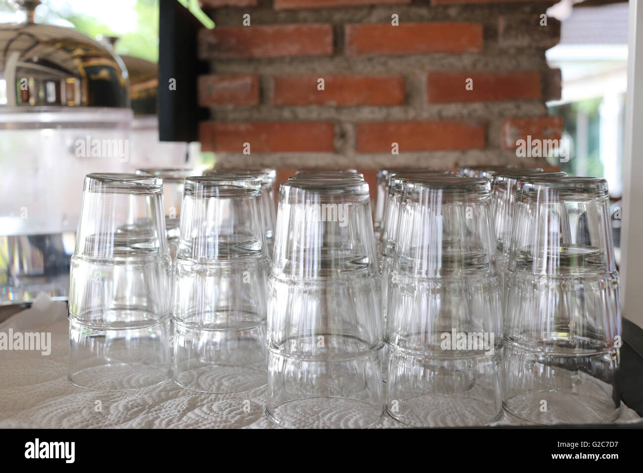 Glass of drink water to prepare for customer in a restaurant. Stock Photo