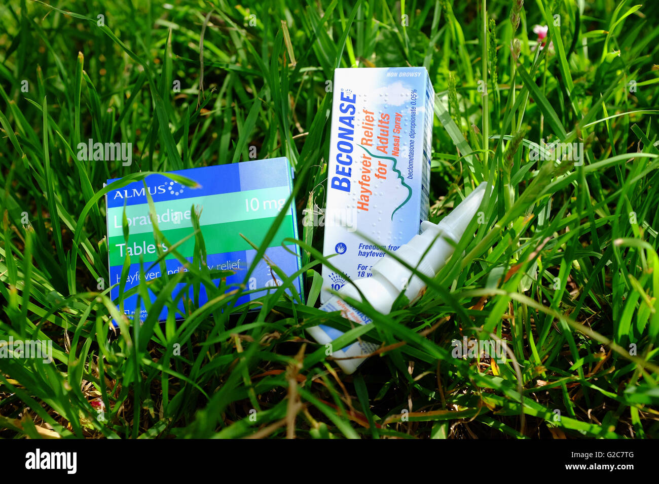 Beconaise nasal spray and Loratadine tablets for relief of hay fever and allergies Stock Photo