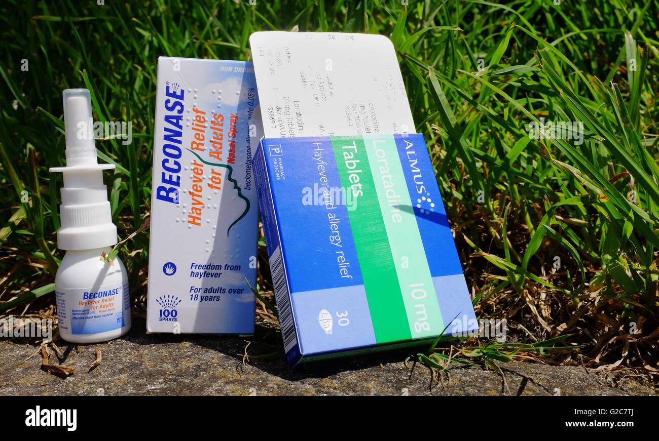 Beconaise nasal spray and Loratadine tablets for relief of hay fever and allergies Stock Photo