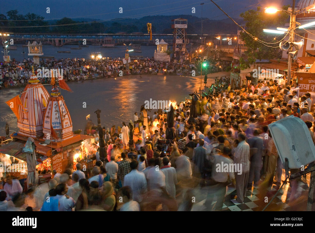 Evening Ganga Aarti or offerings to the holy Ganga river, Har ki Paudi, Haridwar, Uttarakhand, India Stock Photo