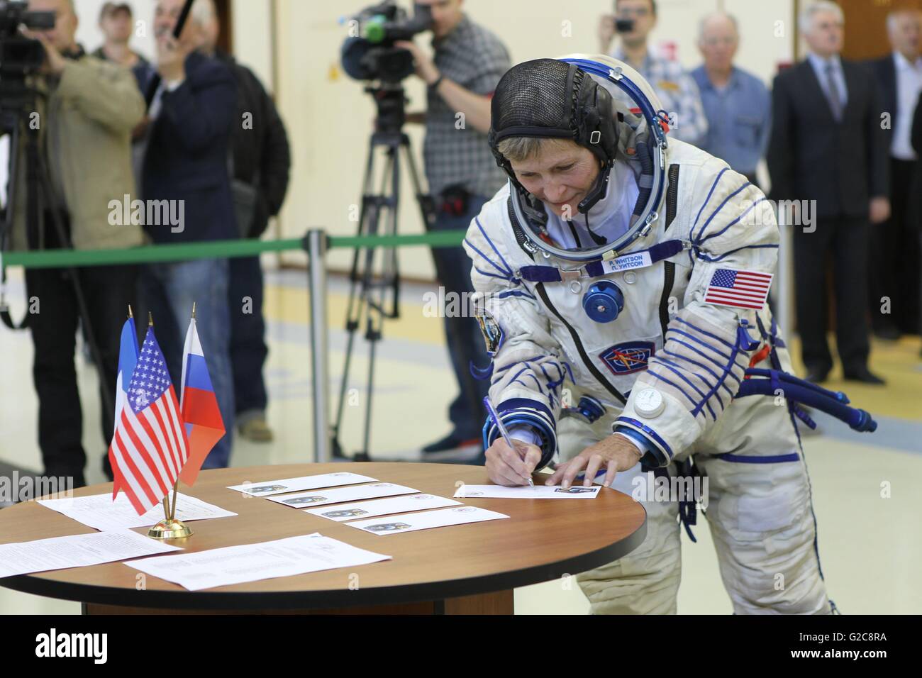 International Space Station Expedition 48 backup crew member NASA astronaut Peggy Whitson signs in for the Soyuz qualification exams at the Gagarin Cosmonaut Training Center May 26, 2016 in Star City, Russia. Stock Photo