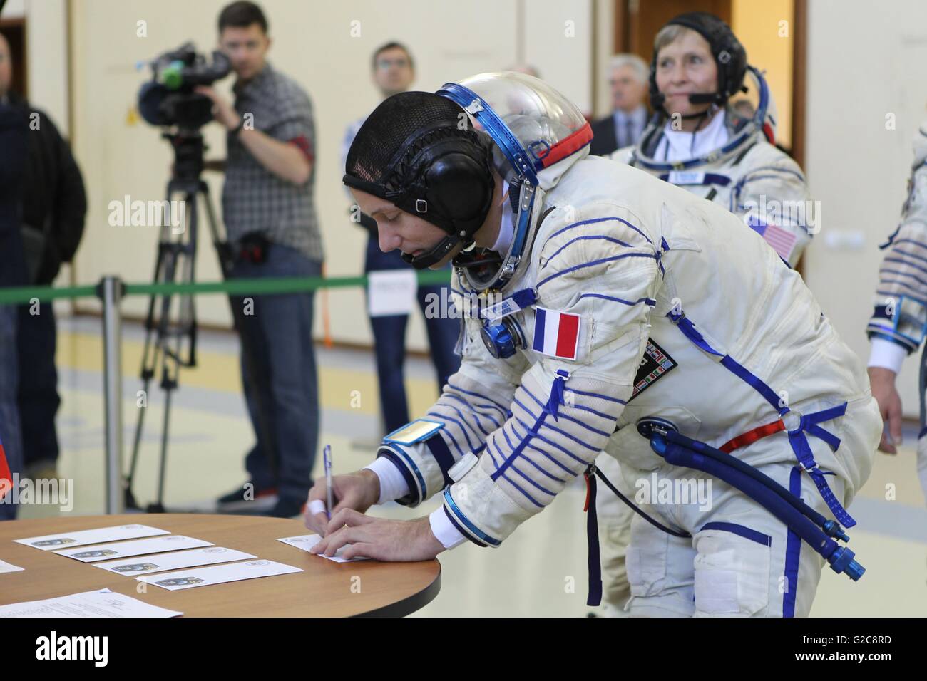 International Space Station Expedition 48 backup crew member French astronaut Thomas Pesquet signs in for the Soyuz qualification exams at the Gagarin Cosmonaut Training Center May 26, 2016 in Star City, Russia. Stock Photo