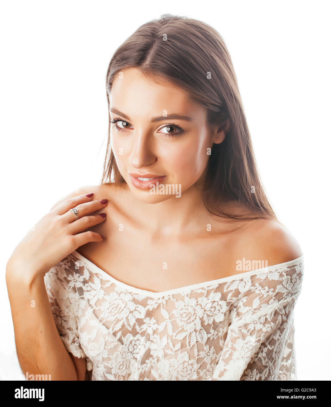 young beauty woman smiling dreaming isolated on white close up ...