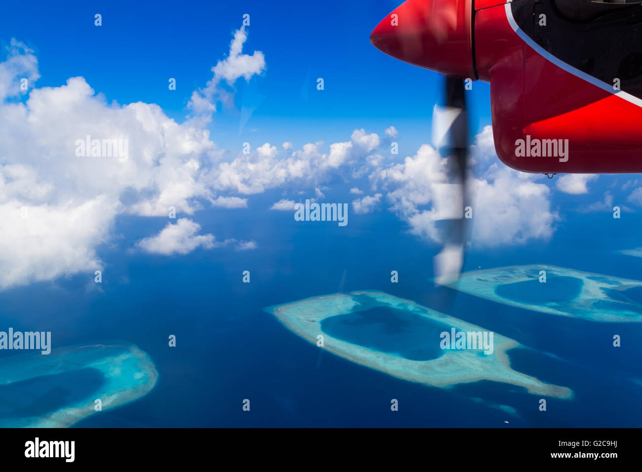 Aerial view from a seaplane on Maldives island Stock Photo