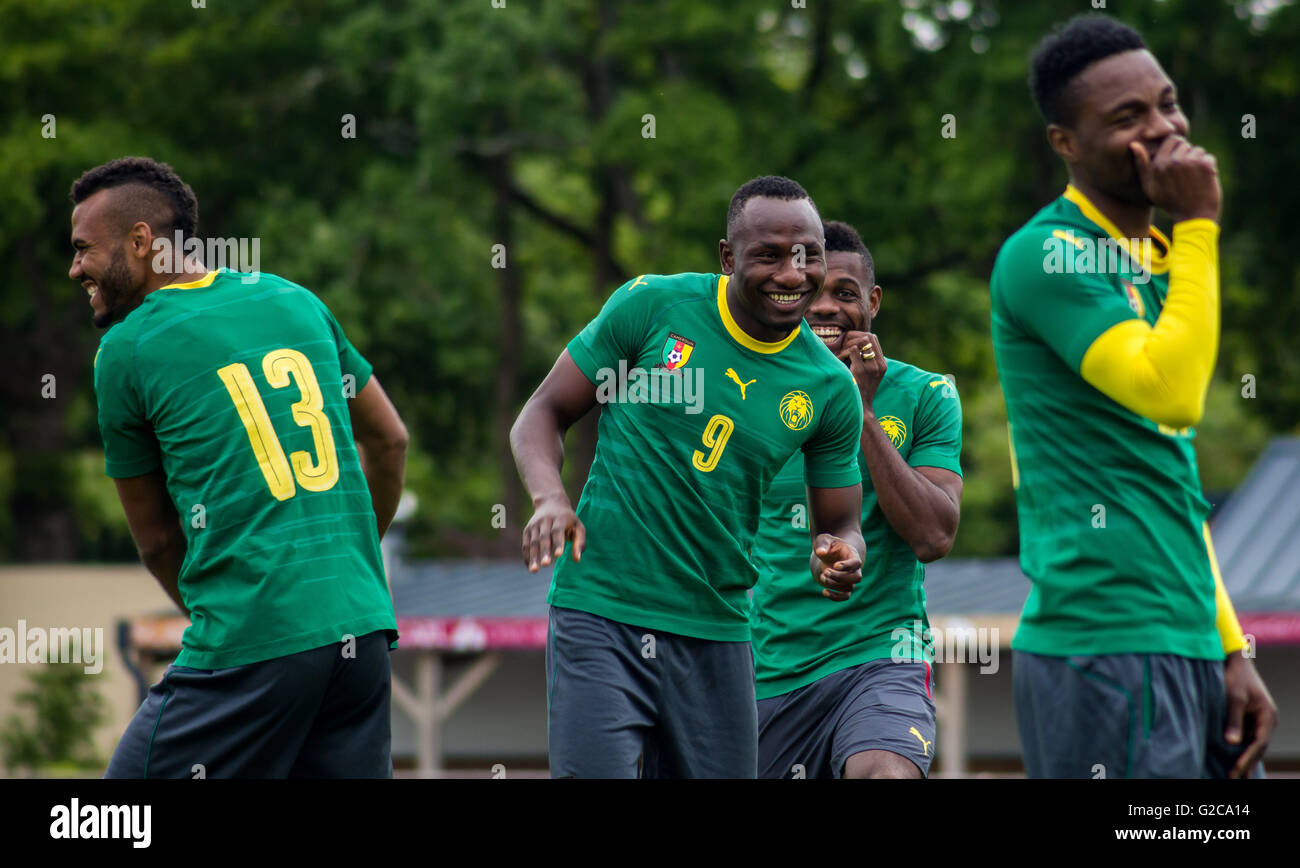 Choupo-Moting, Jacques Zoua, Henri Bedimo, Mbilla Etame. Cameroon national football team training session in Nantes, France. Stock Photo