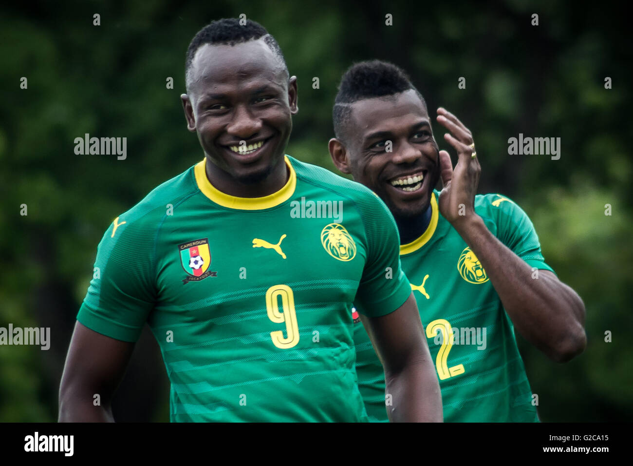 Players: Jacques Zoua (L) and Henri Bedimo(R) Cameroon national football team training session in Nantes, France. Stock Photo