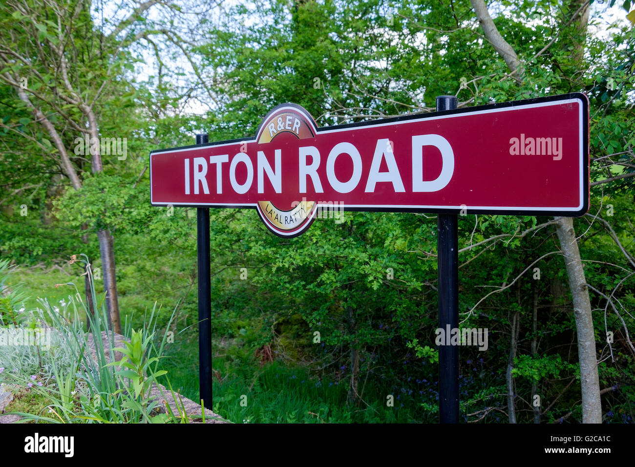 Irton Road sign at the station on the Ravenglass & Eskdale narrow gauge railway, Cumbria, Lake District, UK. Stock Photo