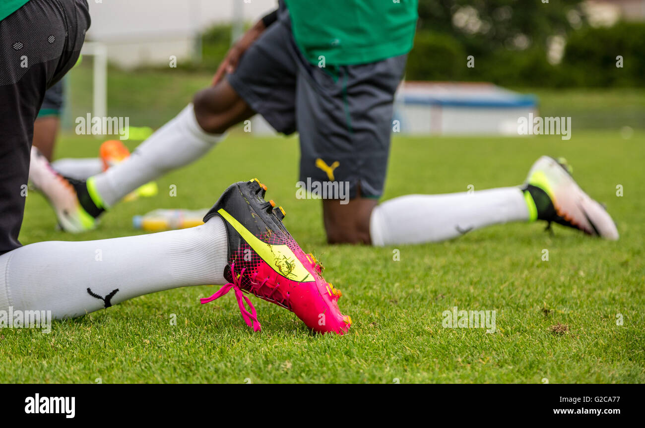 Football boots footwear shown during Cameroon national football team  training session in Nantes, France Stock Photo - Alamy