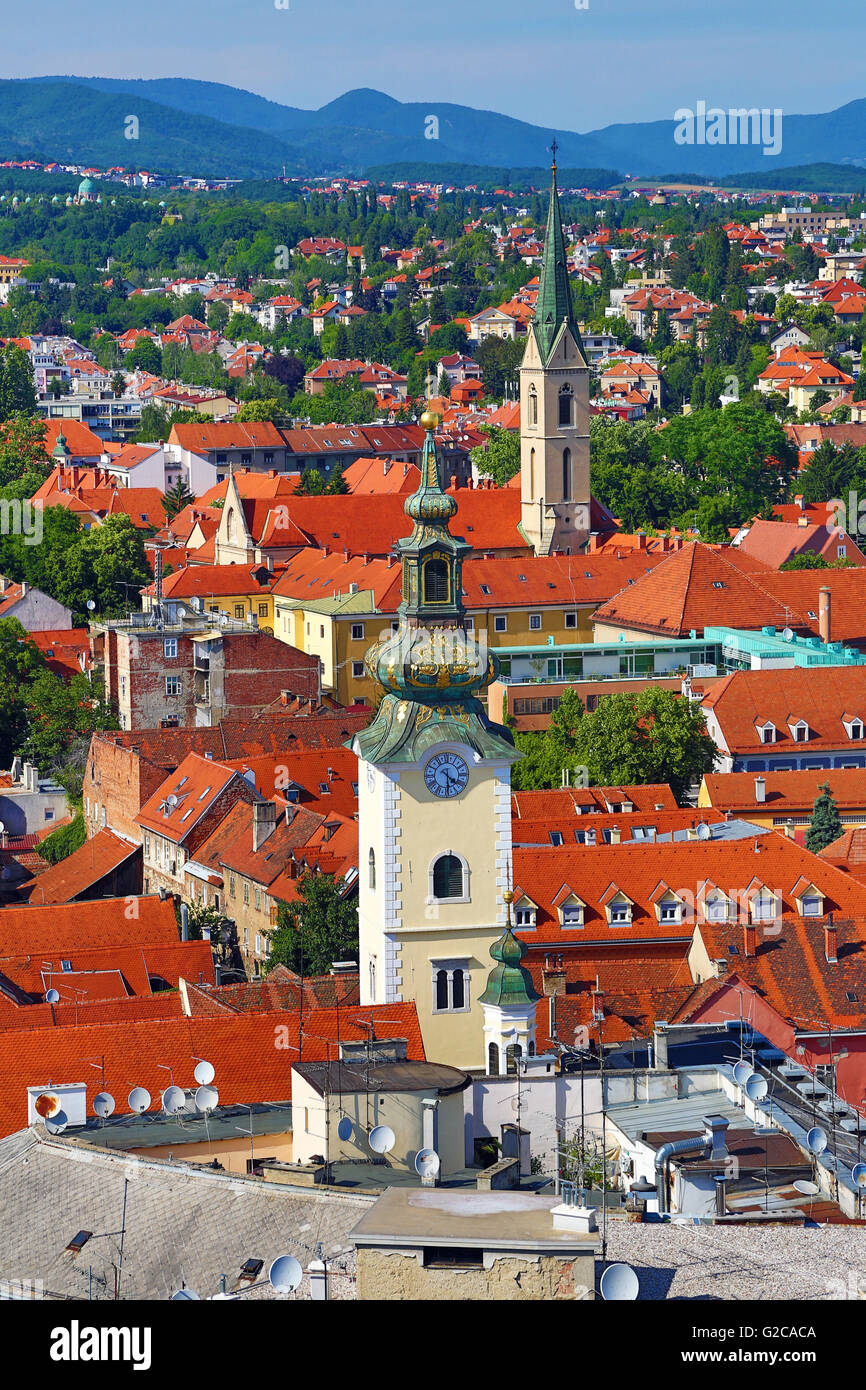 Aerial view of rooftops and the towers of St Mary's Church and St Francis Church in Zagreb, Croatia Stock Photo