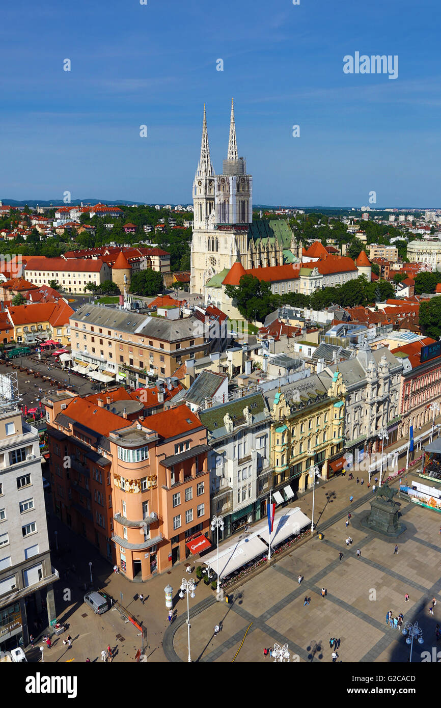 General city skyline view with Zagreb Cathedral and Ban Jelacic Square in Zagreb, Croatia Stock Photo