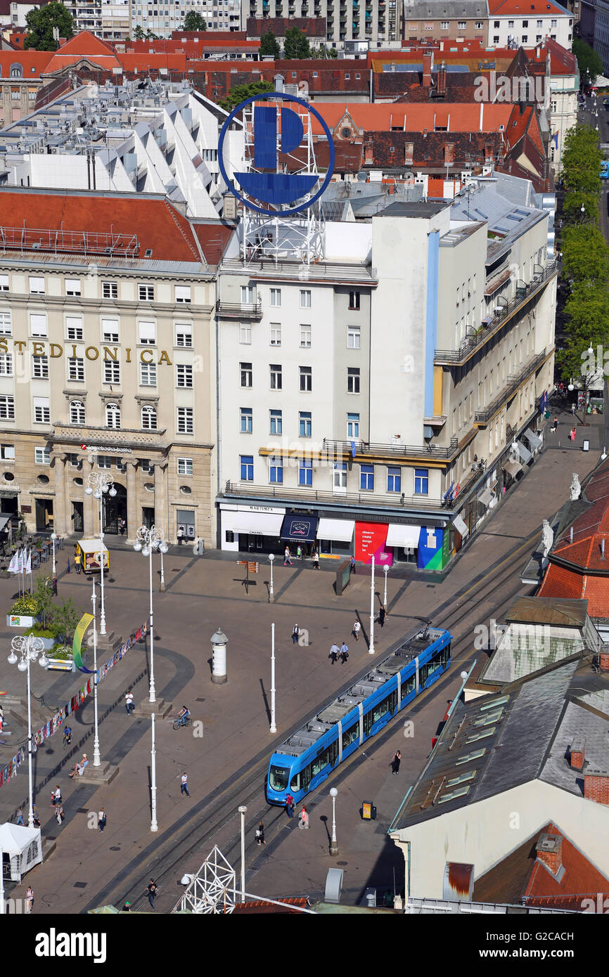 Aerial view of Ban Jelacic Square with a tram in Zagreb, Croatia Stock Photo