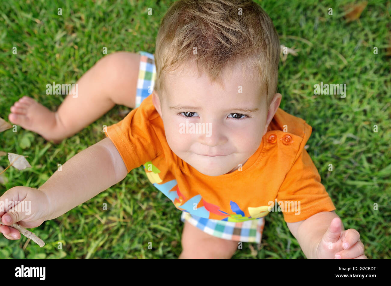 blond baby sitting on grass with a twig in his hand top view Stock Photo