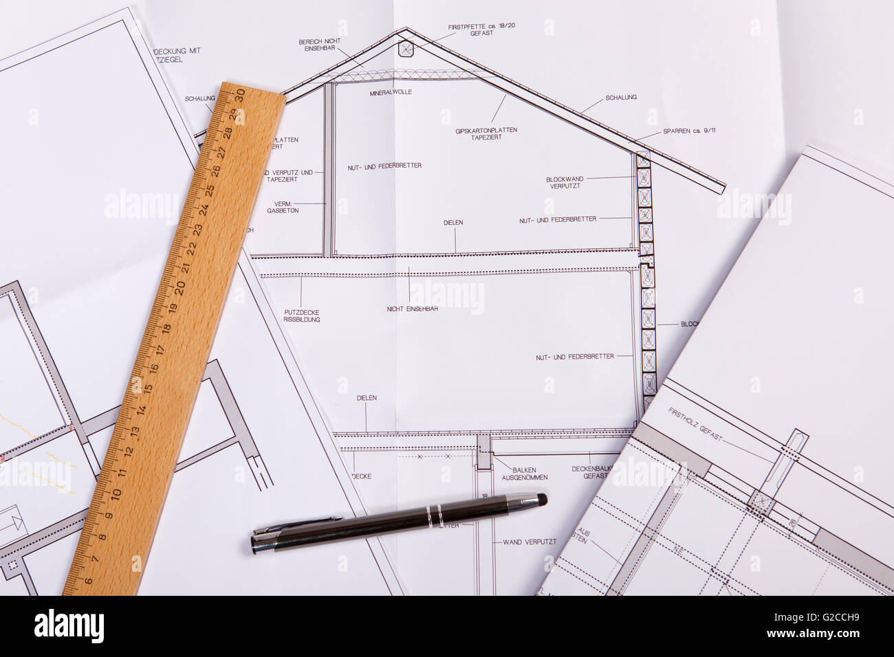 architectural plan for refurbishing of old house, structural engineering calculation, Stock Photo