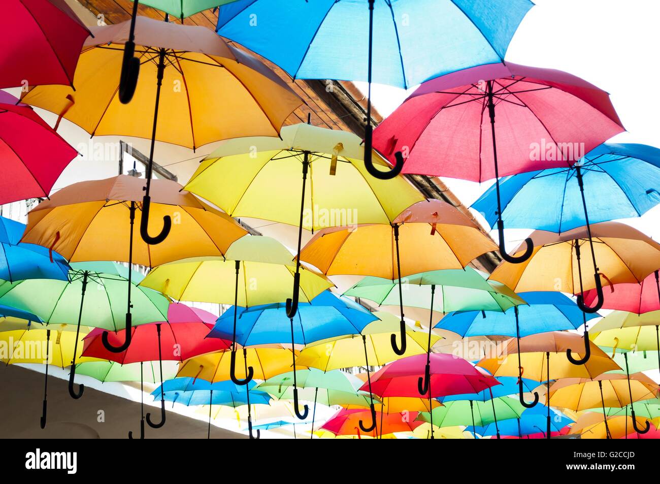 Street decoration with colorful open umbrellas hanging over the alley. Kosice, Slovakia. Color background Stock Photo