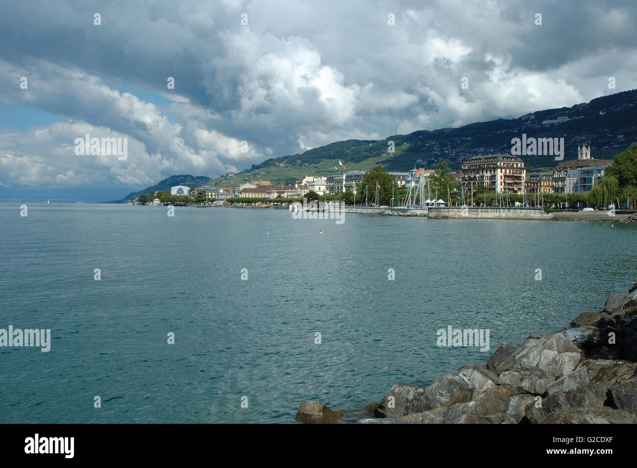 Vevey, Switzerland - August 16, 2014: Buildings in Vevey at Geneve lake in Switzerland Stock Photo