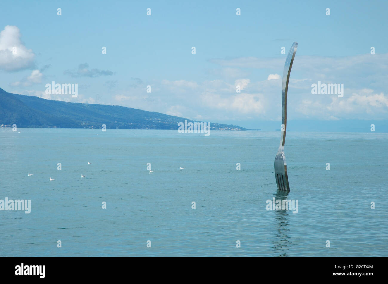 Vevey, Switzerland - August 16, 2014: Big fork in water in Vevey at Geneve lake in Switzerland Stock Photo