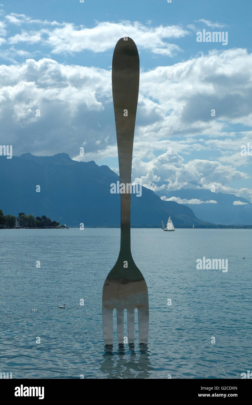 Vevey, Switzerland - August 16, 2014: Big fork in water in Vevey at Geneve lake in Switzerland Stock Photo