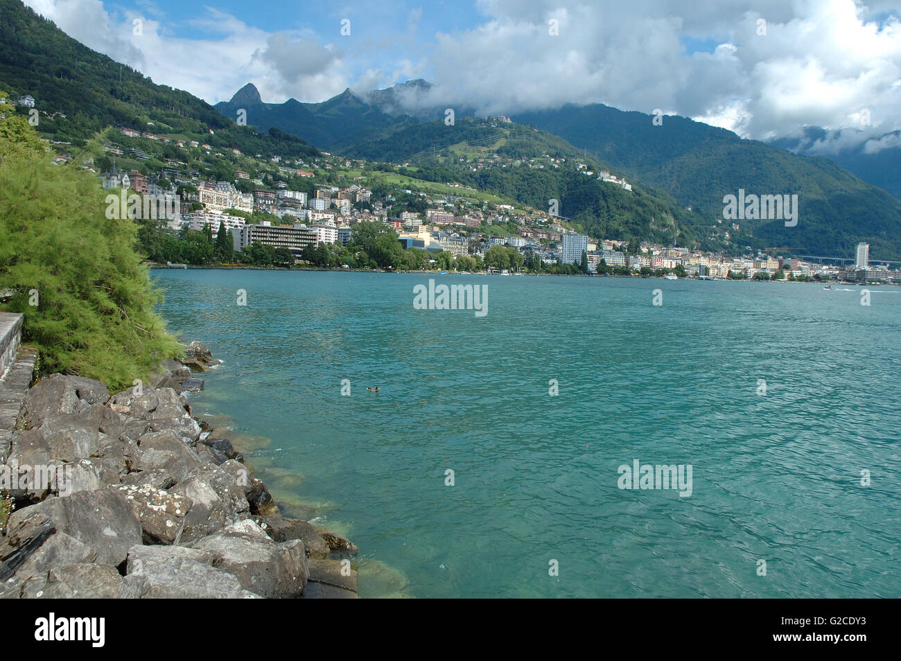 Mountains and buildings in Montreux at Geneve lake in Switzerland Stock Photo