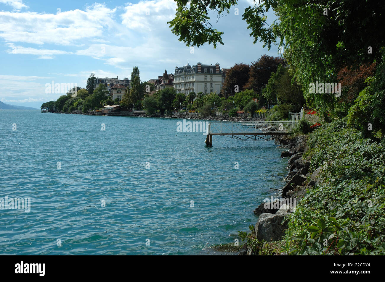 Pier and buildings in Clarens at Geneve lake in Switzerland Stock Photo
