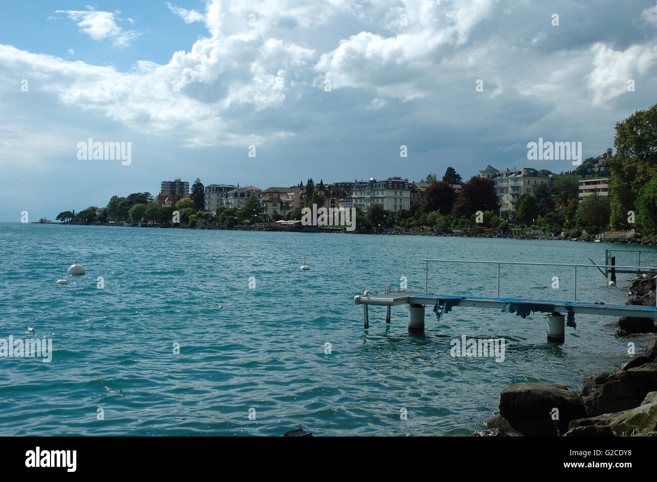 Pier and buildings in Clarens at Geneve lake in Switzerland Stock Photo