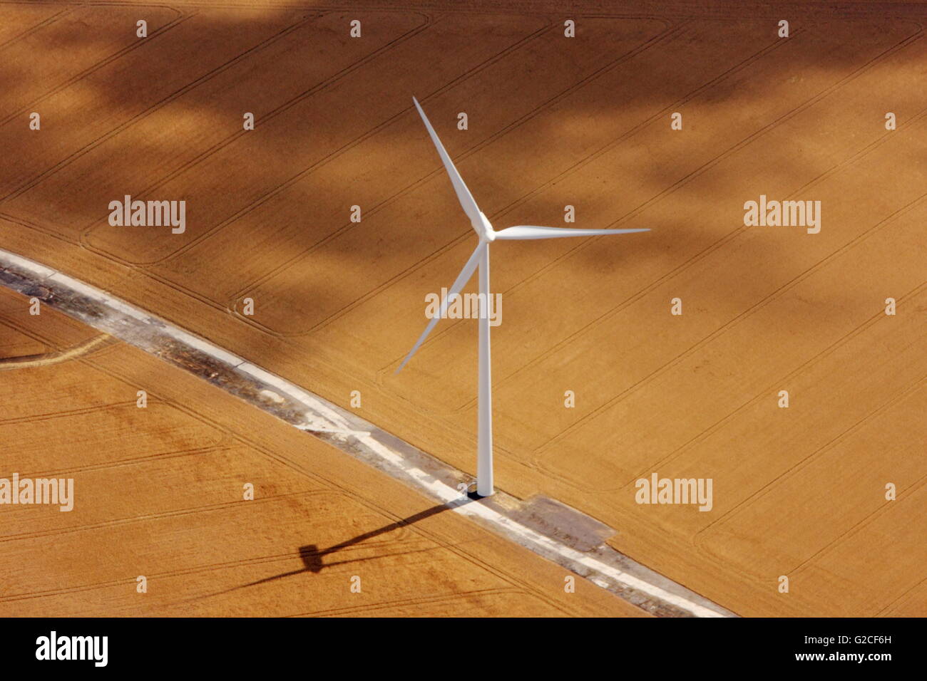 Aerial view of Wind Turbine in North Pickenham disused airfield Stock Photo