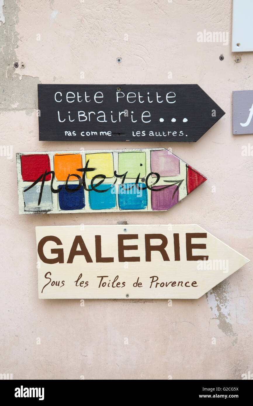 Shop and Gallery Signs in Lourmarin Village, Provence, France Stock Photo