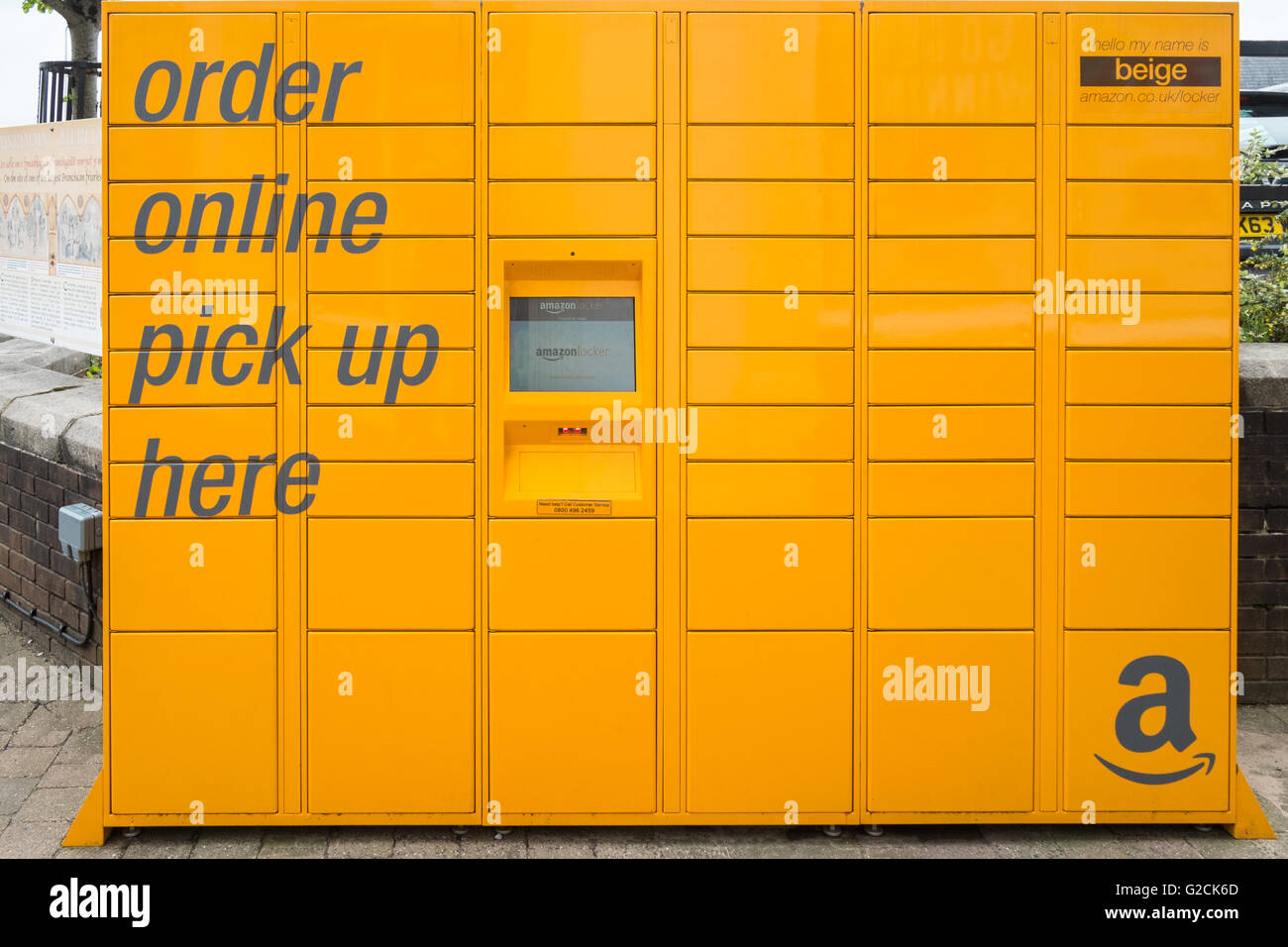 Amazon locker pick up boxes for ordering online in Carmarthen Town centre,Carmarthenshire,Wales,U.K. Stock Photo
