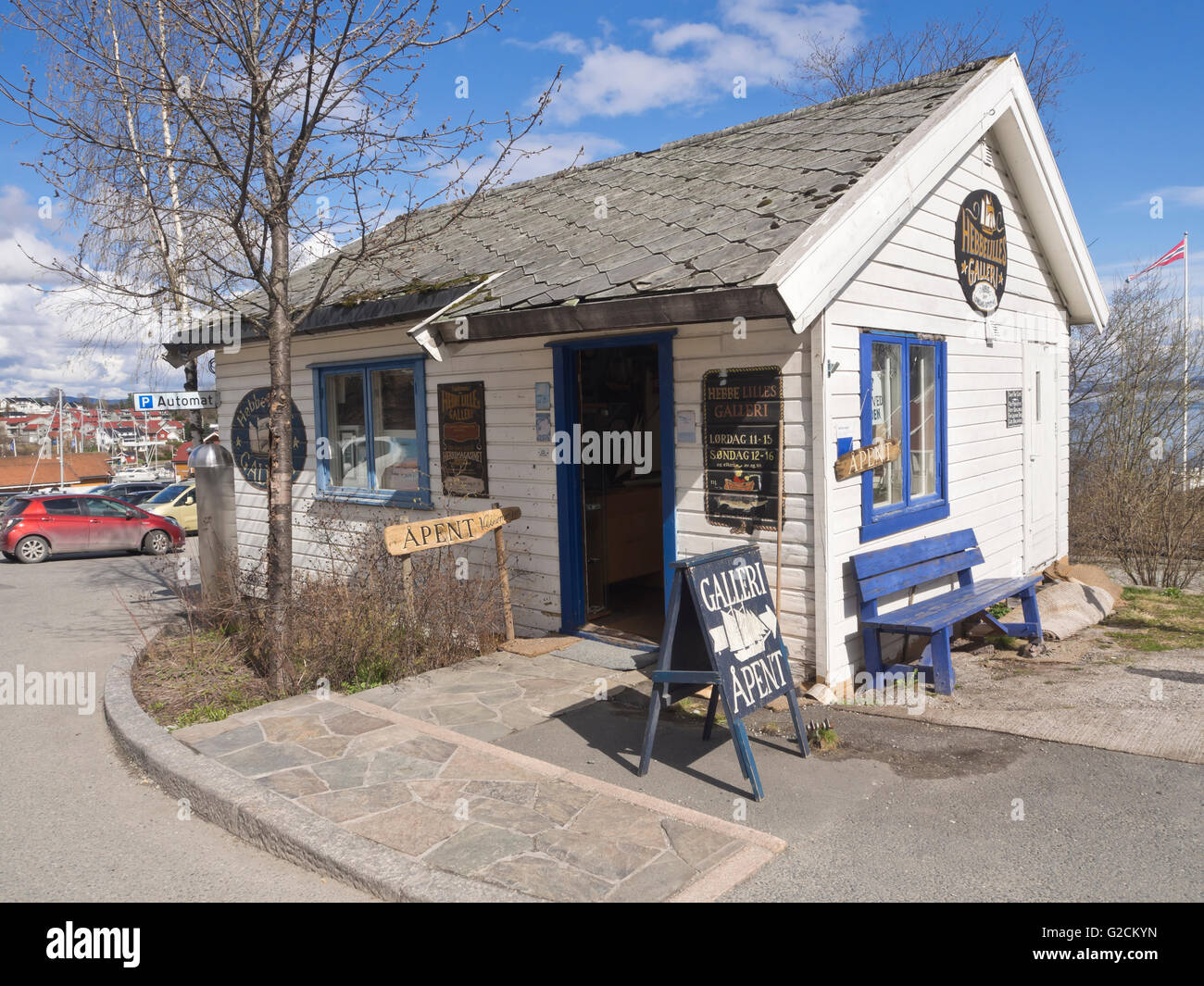 Gallery in a traditional clapboard house in the small coastal village of Vollen Asker on the Oslo Fjord Norway Stock Photo