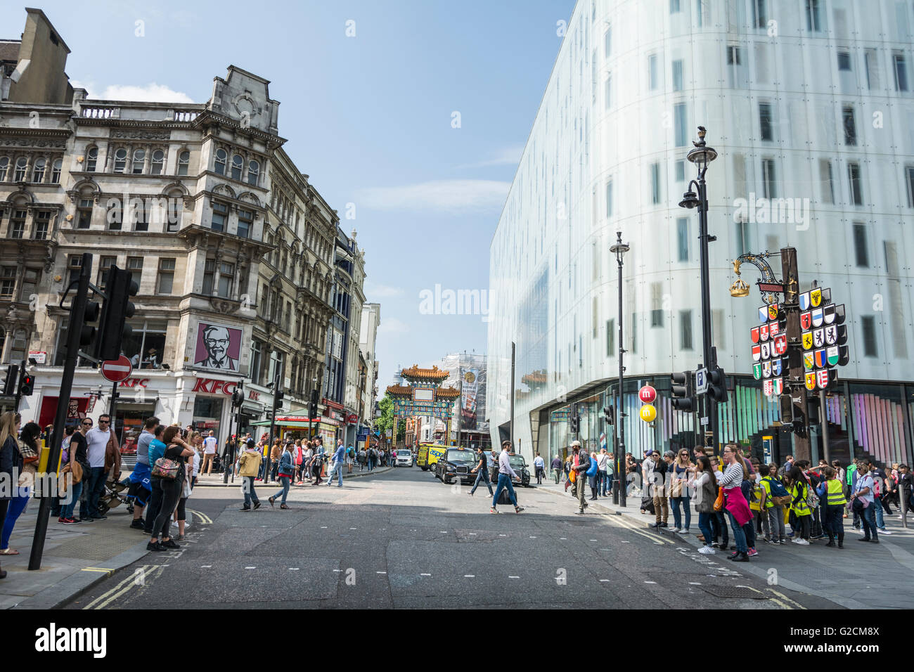Looking towards the new gate in Chinatown on Wardour Street in London's Soho, UK Stock Photo