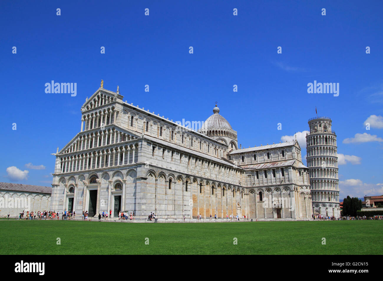 Piazza dei Miracoli in Pisa with the cathedral and the leaning tower. Stock Photo