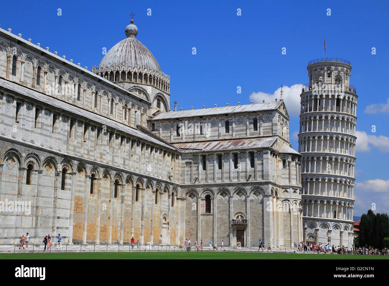 Piazza dei Miracoli in Pisa with the cathedral and the leaning tower. Stock Photo