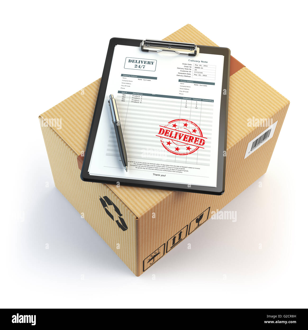 Delivery concept. Cardboard box, pen, clipboard with receiving form and