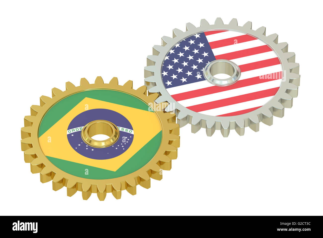 Brazil and United States relations concept, flags on a gears. 3D rendering isolated on white background Stock Photo