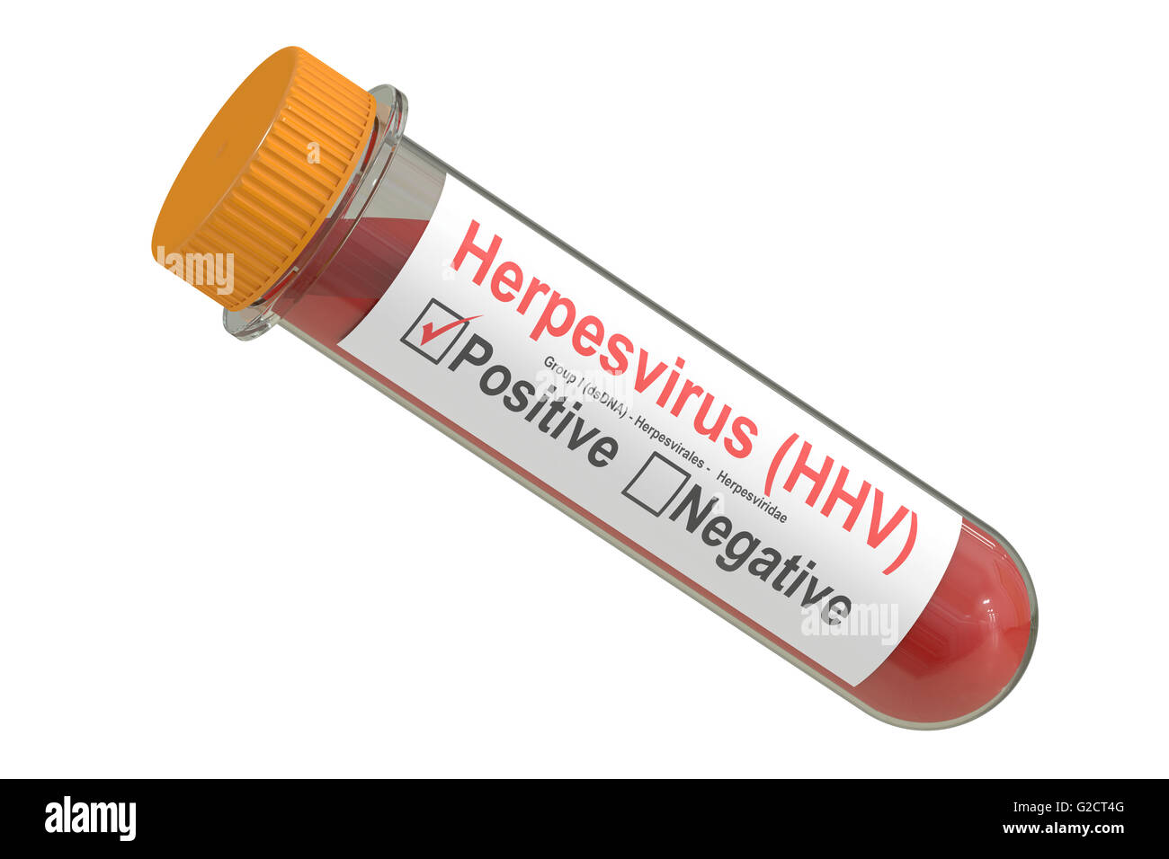 Test tube with blood sample positive with herpesvirus hhv virus, 3D rendering Stock Photo