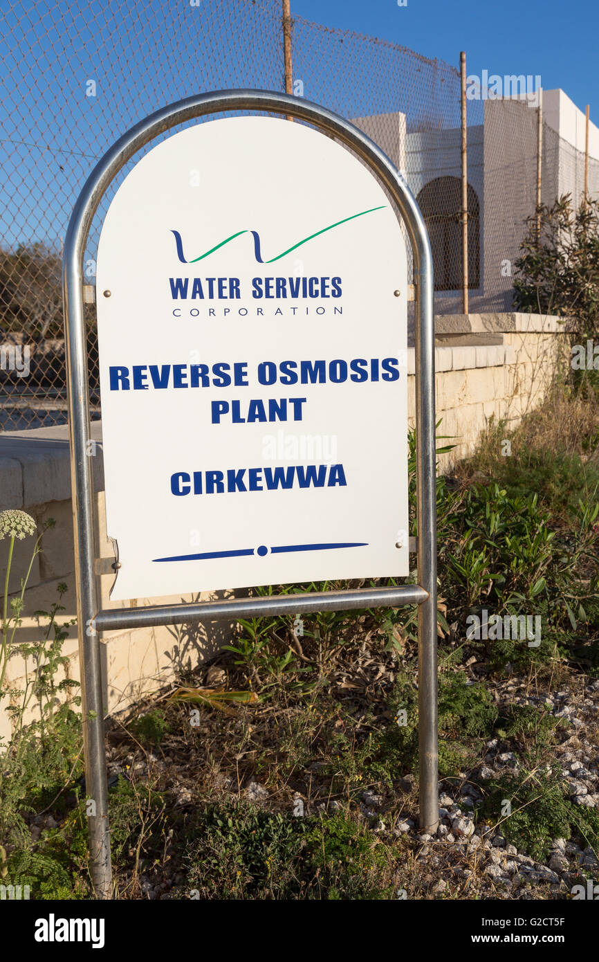 Sign at entrance to reverse osmosis plant, Cirkewwa, Malta Stock Photo