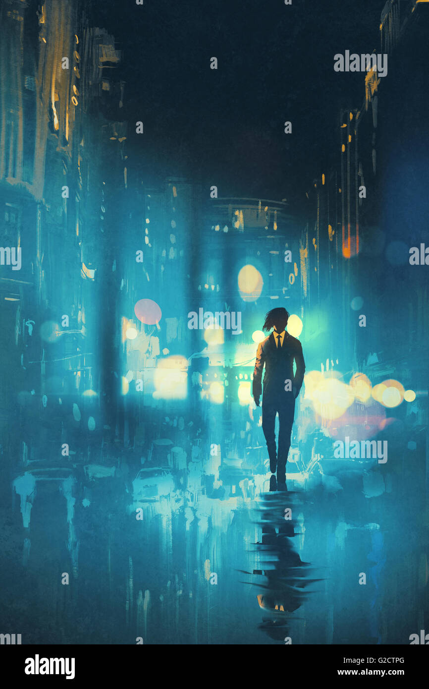 man walking at night on the wet street,illustration Stock Photo