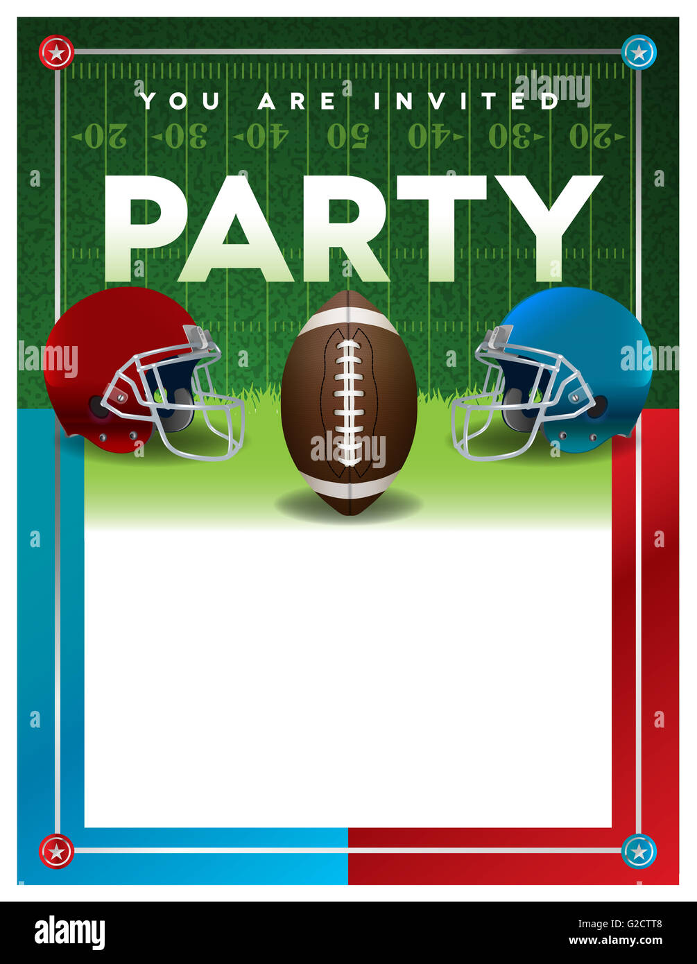 An American football party invitation flyer template design with room for copy. Stock Photo