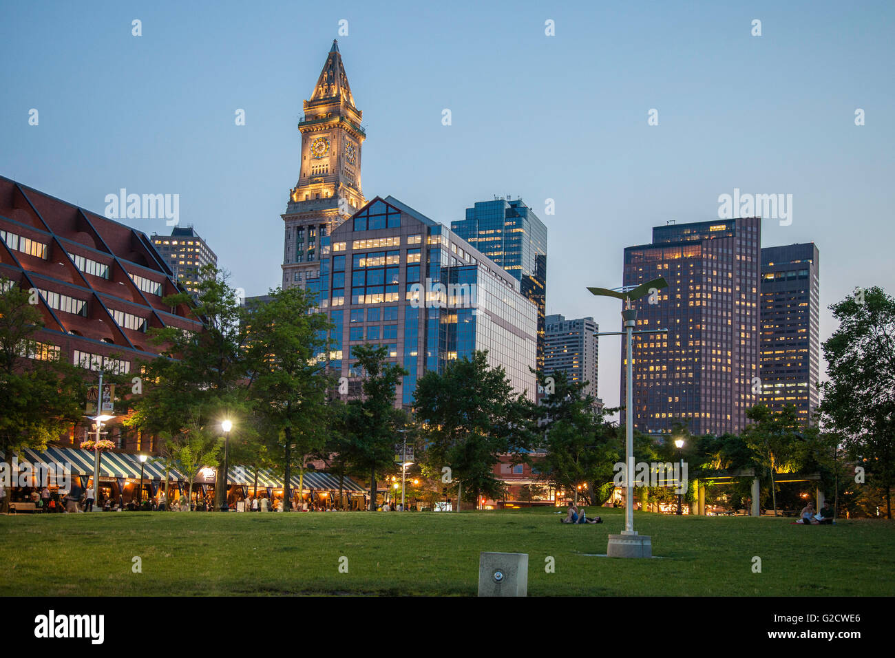 Custom House Tower photographed from Christopher Columbus Park Stock Photo