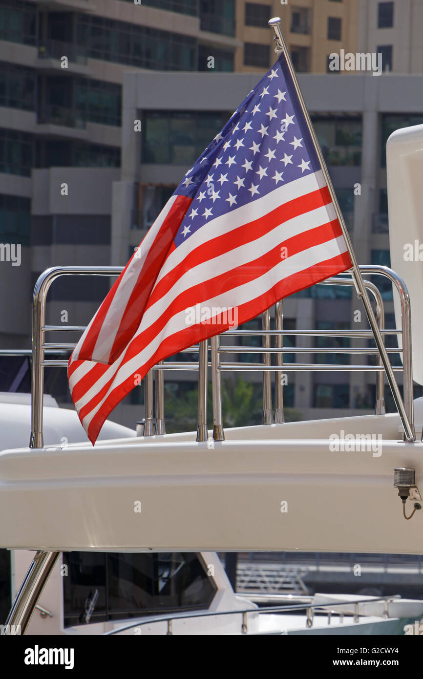 close up of American flag on speedboat Stock Photo