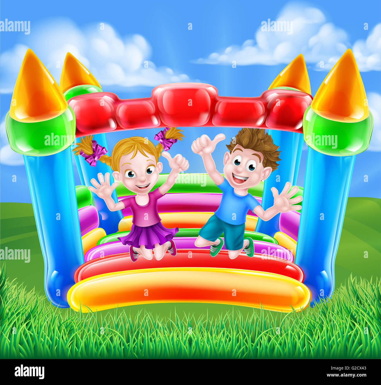 Cartoon young boy and girl having fun jumping on a bouncy castle Stock  Photo - Alamy