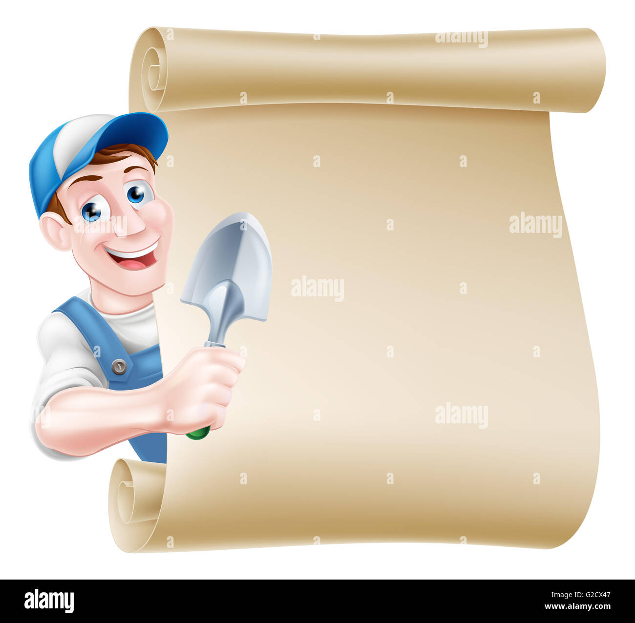 A cartoon gardener man in a cap hat and blue dungarees holding a garden trowel tool Stock Photo