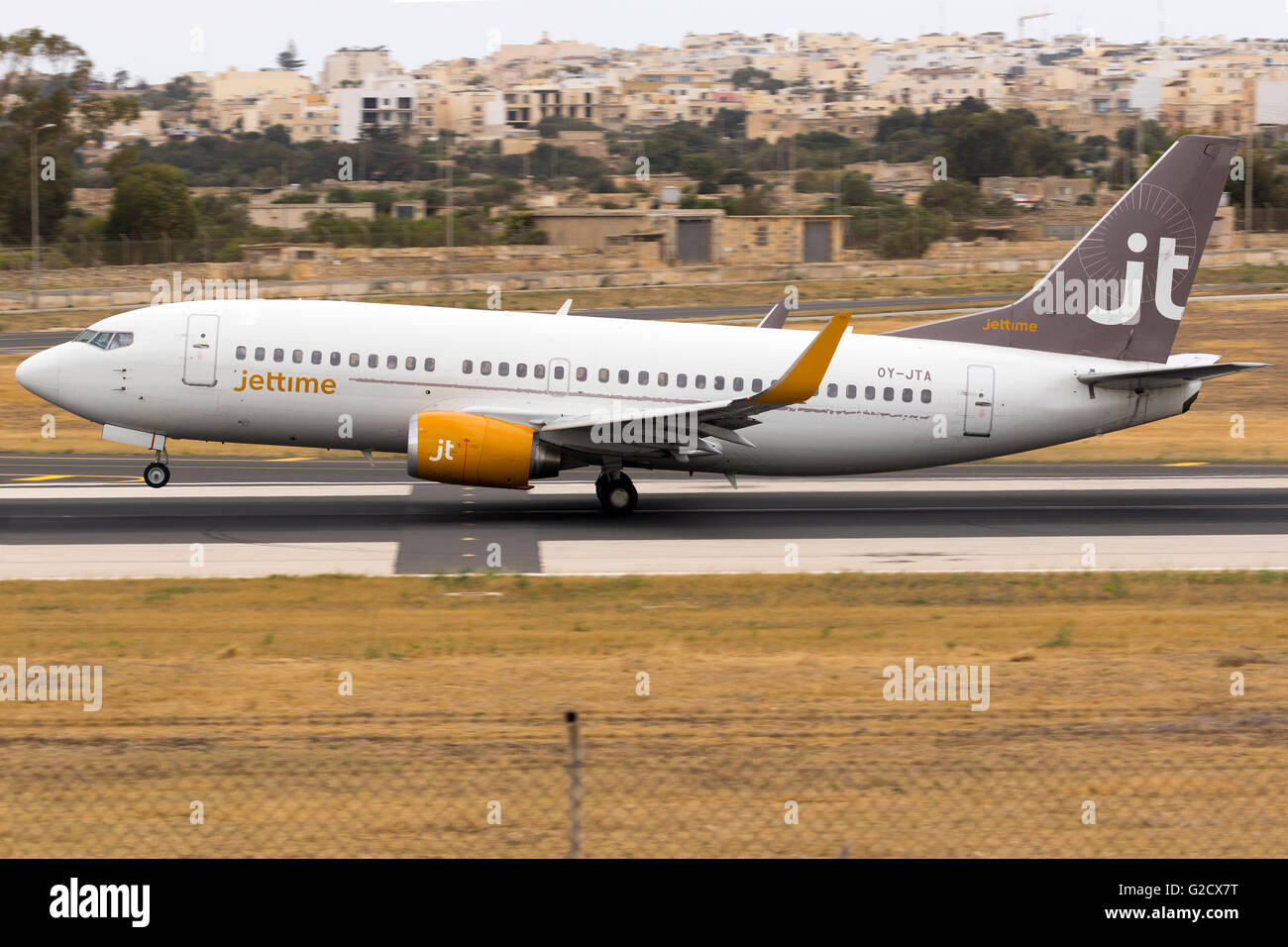 Jet Time Boeing 737-33A [OY-JTA] departing runway 13. Stock Photo