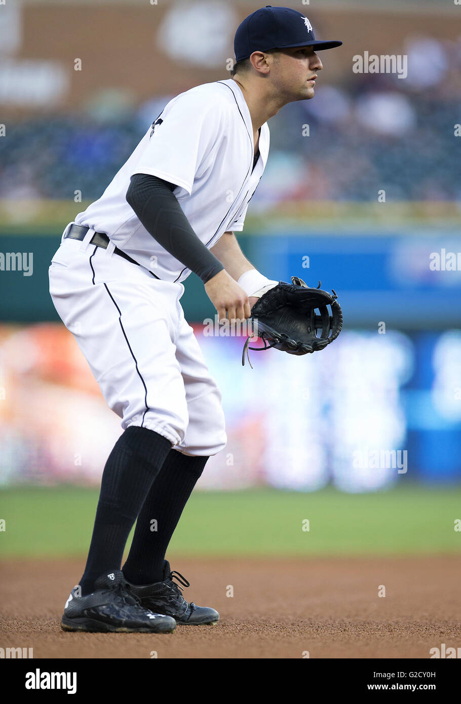 Detroit, Michigan, USA. 24th May, 2016. Detroit Tigers third baseman Nick Castellanos (9) in fielding position during MLB game action between the Philadelphia Phillies and the Detroit Tigers at Comerica Park in Detroit, Michigan. The Tigers defeated the Phillies 3-1. John Mersits/CSM/Alamy Live News Stock Photo